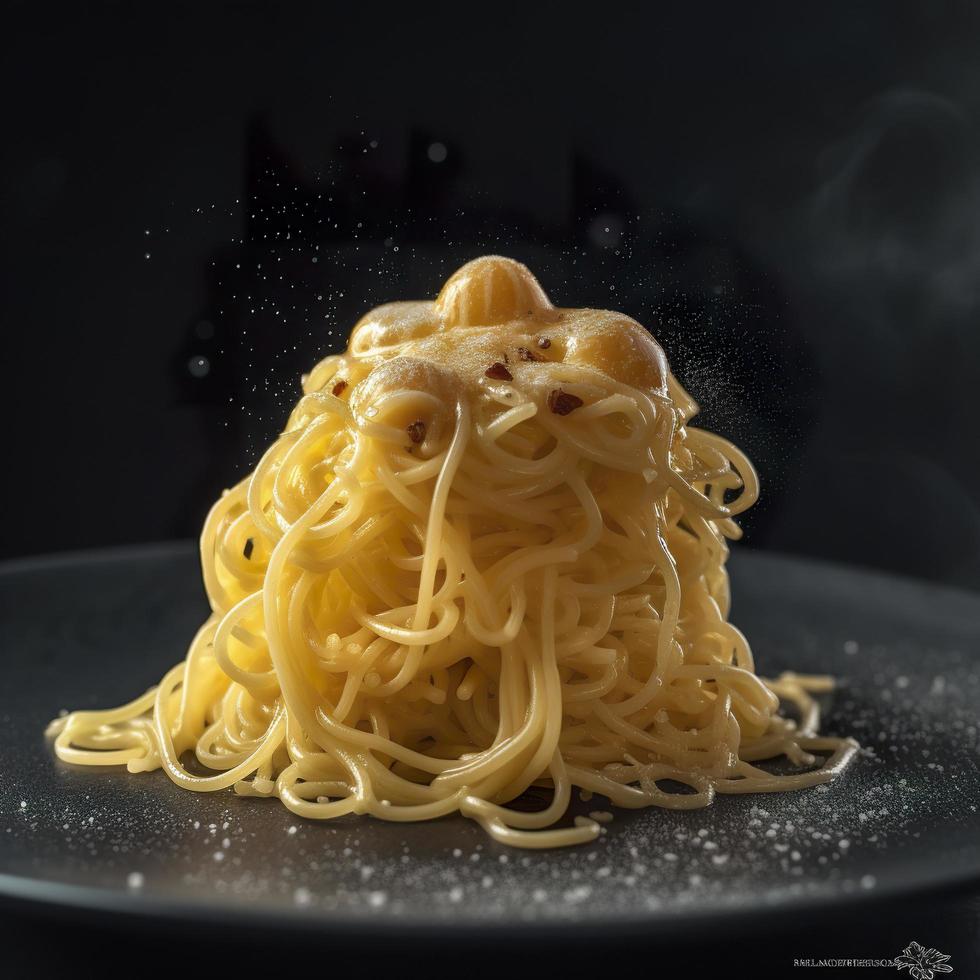 molecular gastronomía inspirado reconstruido espaguetis carbonara, moderno Arte extremadamente detallado anillo comida molecular gastronomía espaguetis carbonara arte, generar ai foto