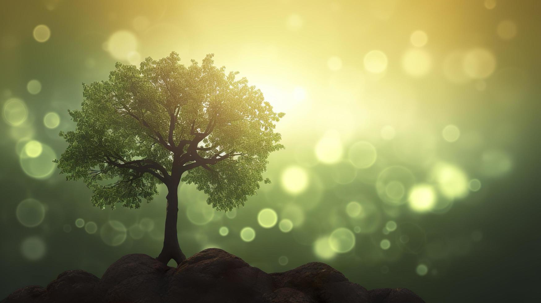 Free photo 3d background of the sun shining onto a tree against a bokeh background, generat ai