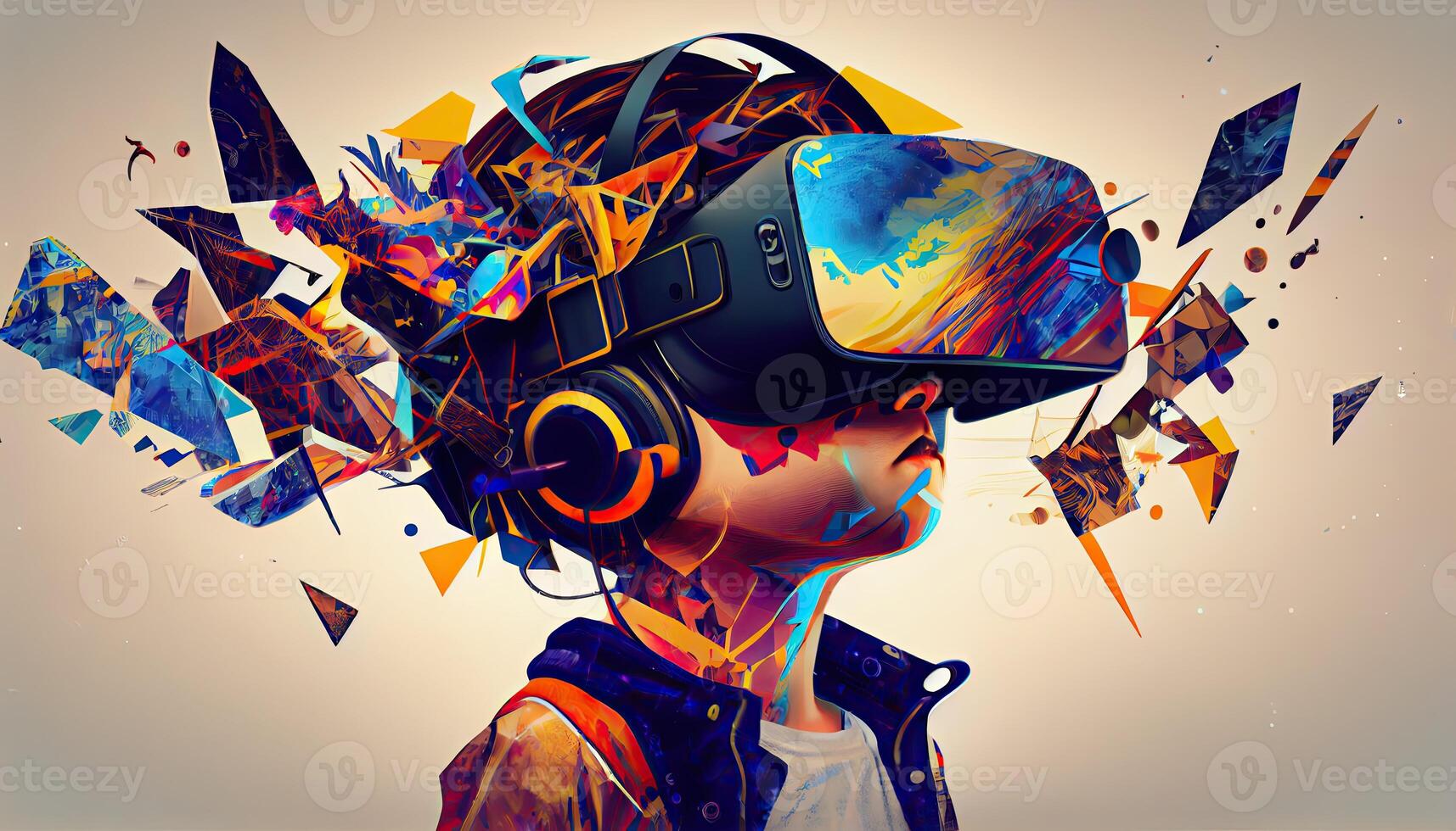 AI Metaverse concept collage design with wearing VR headset with smart glasses futuristic technology photo