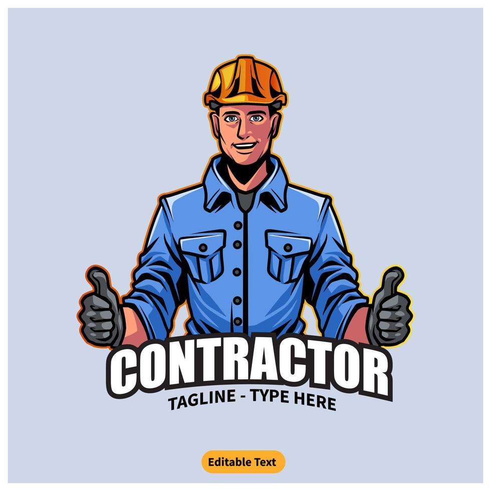 profesional contratista mascota logo con la seguridad casco y doble pulgares arriba vector