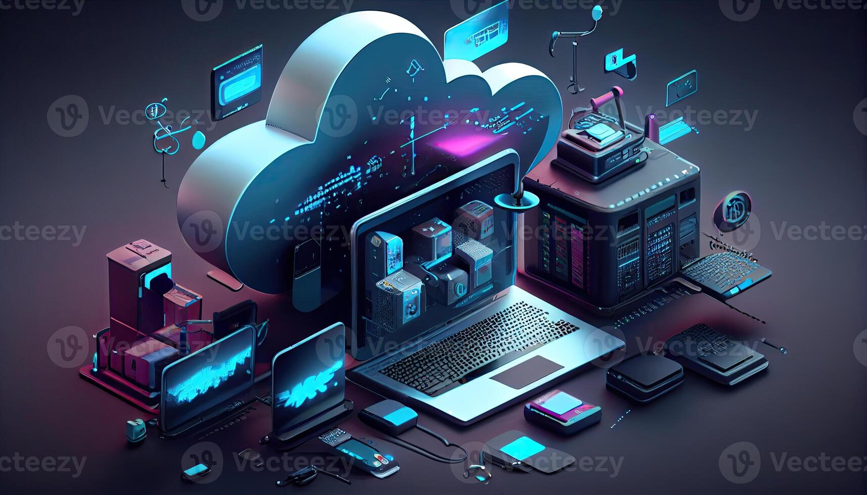 Cloud technology computing Devices connected to digital storage in the data center via the Internet IOT Smart Home Communication laptop tablet phone devices Businessman using Technology photo