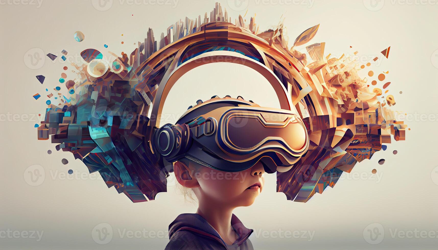 AI Metaverse concept collage design with wearing VR headset with smart