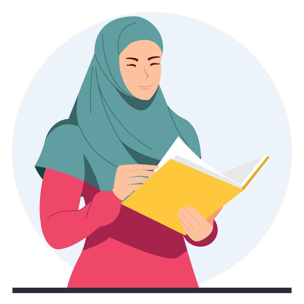 Muslim woman reading a book. reading the koran vector