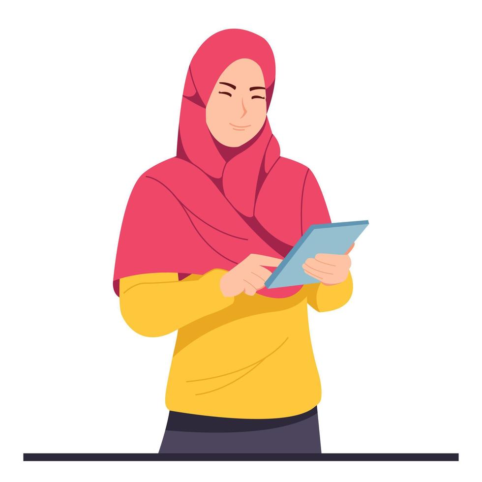 Muslim student is writing ideas on tablet vector