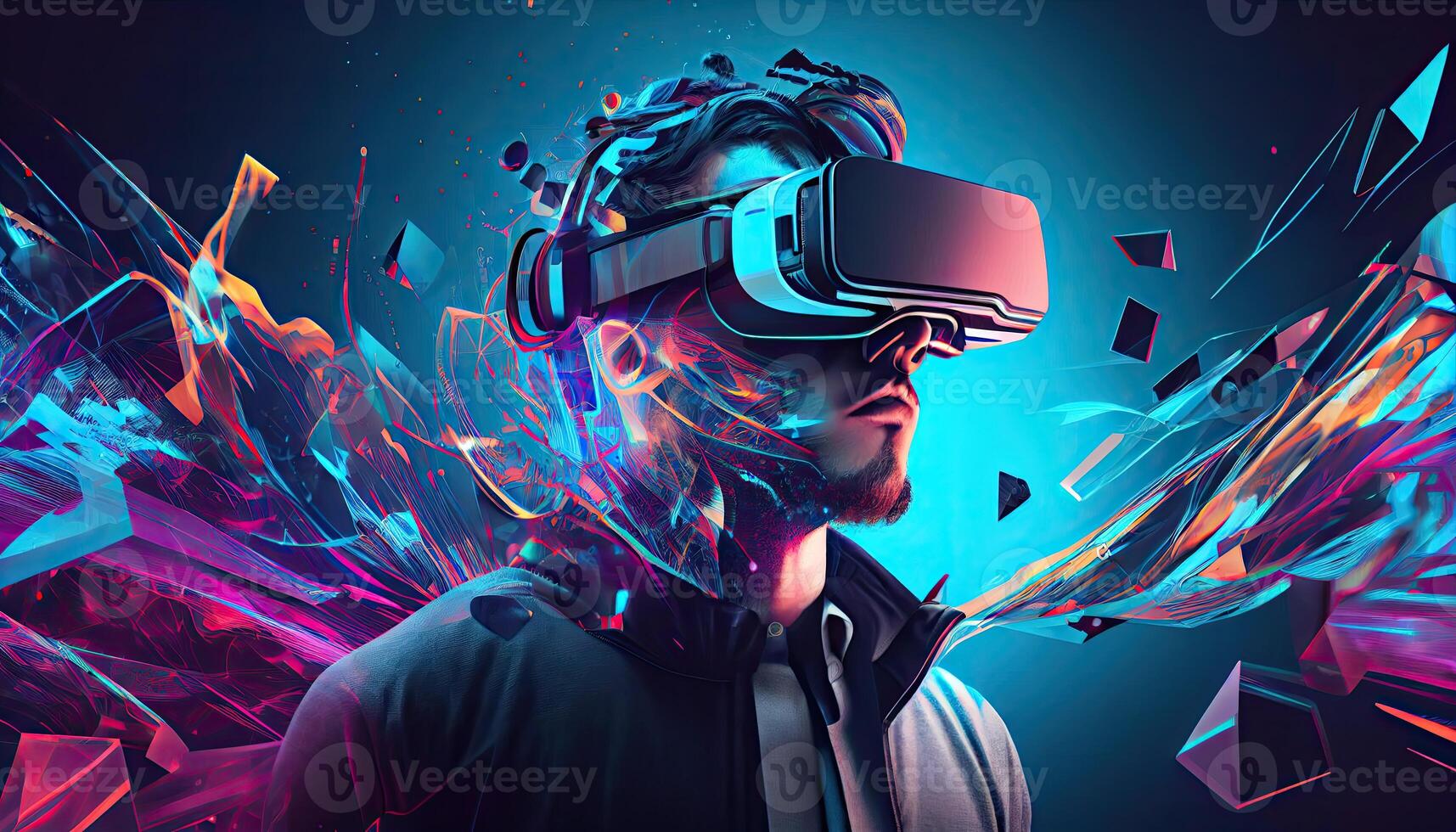 AI Metaverse concept collage design with wearing VR headset with smart glasses futuristic technology photo