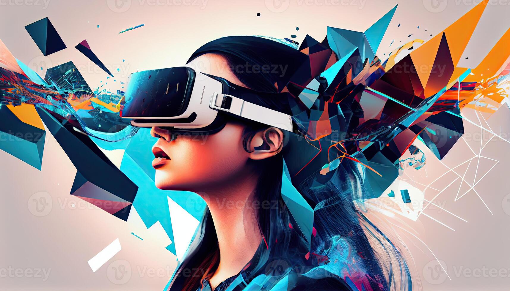 AI Metaverse concept collage design with wearing VR headset with smart glasses futuristic technology photo