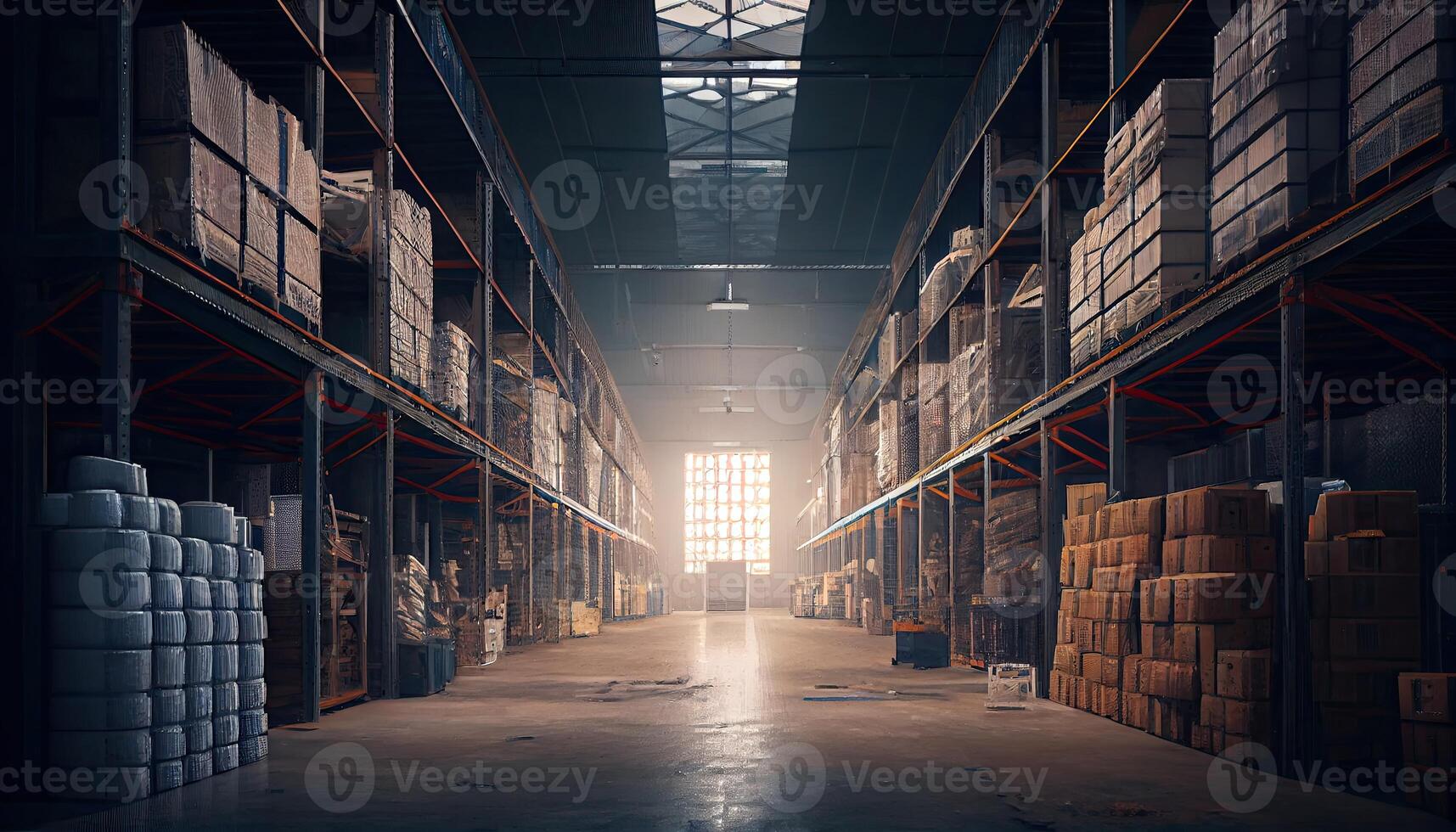 Large industrial warehouse with shelves full of goods photo