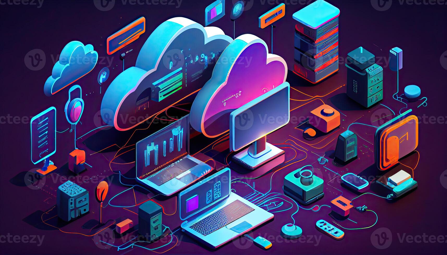 Cloud technology computing Devices connected to digital storage in the data center via the Internet IOT Smart Home Communication laptop tablet phone devices Businessman using Technology photo