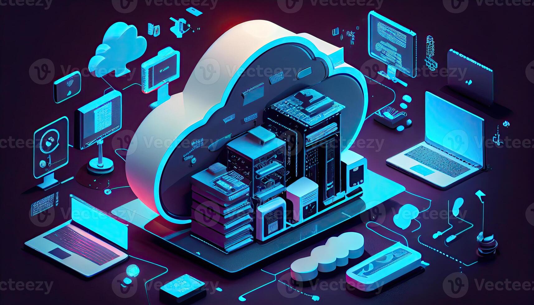 Cloud technology computing Devices connected to digital storage in the data center via the Internet IOT Smart Home Communication laptop tablet phone devices Businessman using Technology photo