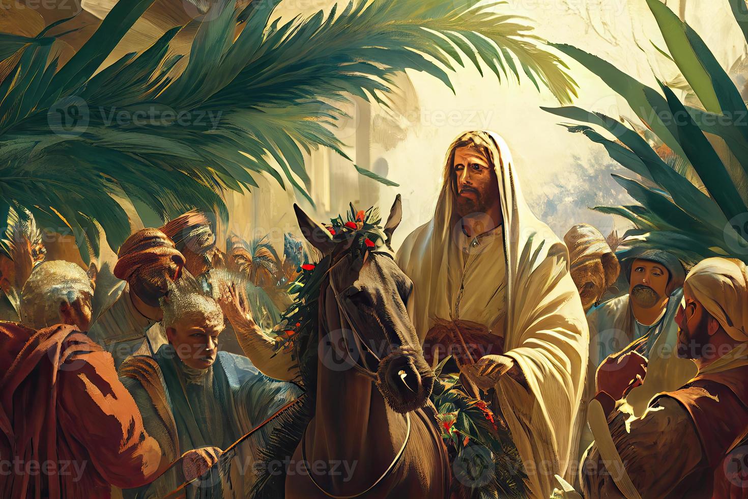 Domingo de palma en el ocasión de Jesús' entrada dentro Jerusalén generado ai foto