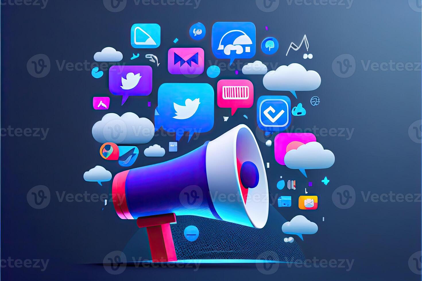 web site article image, material design, dark blue gradient background, megaphone in the left side of image, social networks icon photo