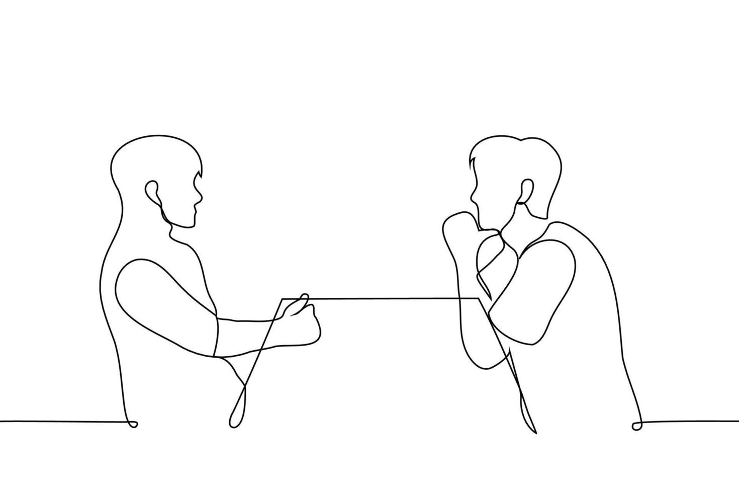 men sit at the table opposite each other - one line drawing vector. the concept of a date, conversation, negotiations vector