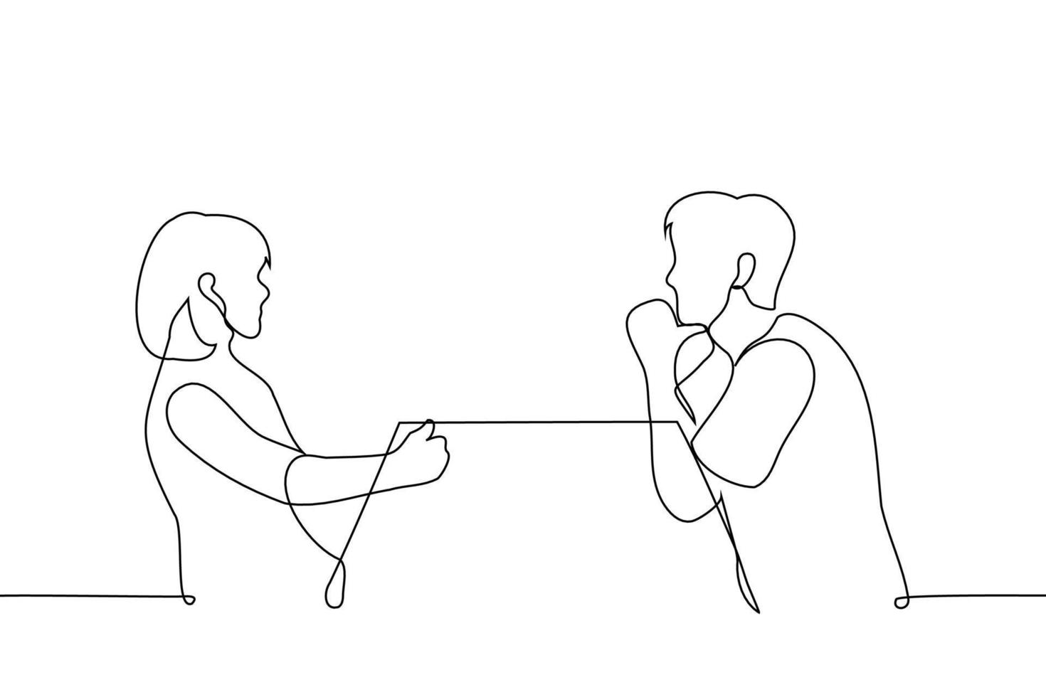 hombre y mujer son sentado a el mesa opuesto cada otro - uno línea dibujo vector. el concepto de un fecha, conversación, negociaciones vector