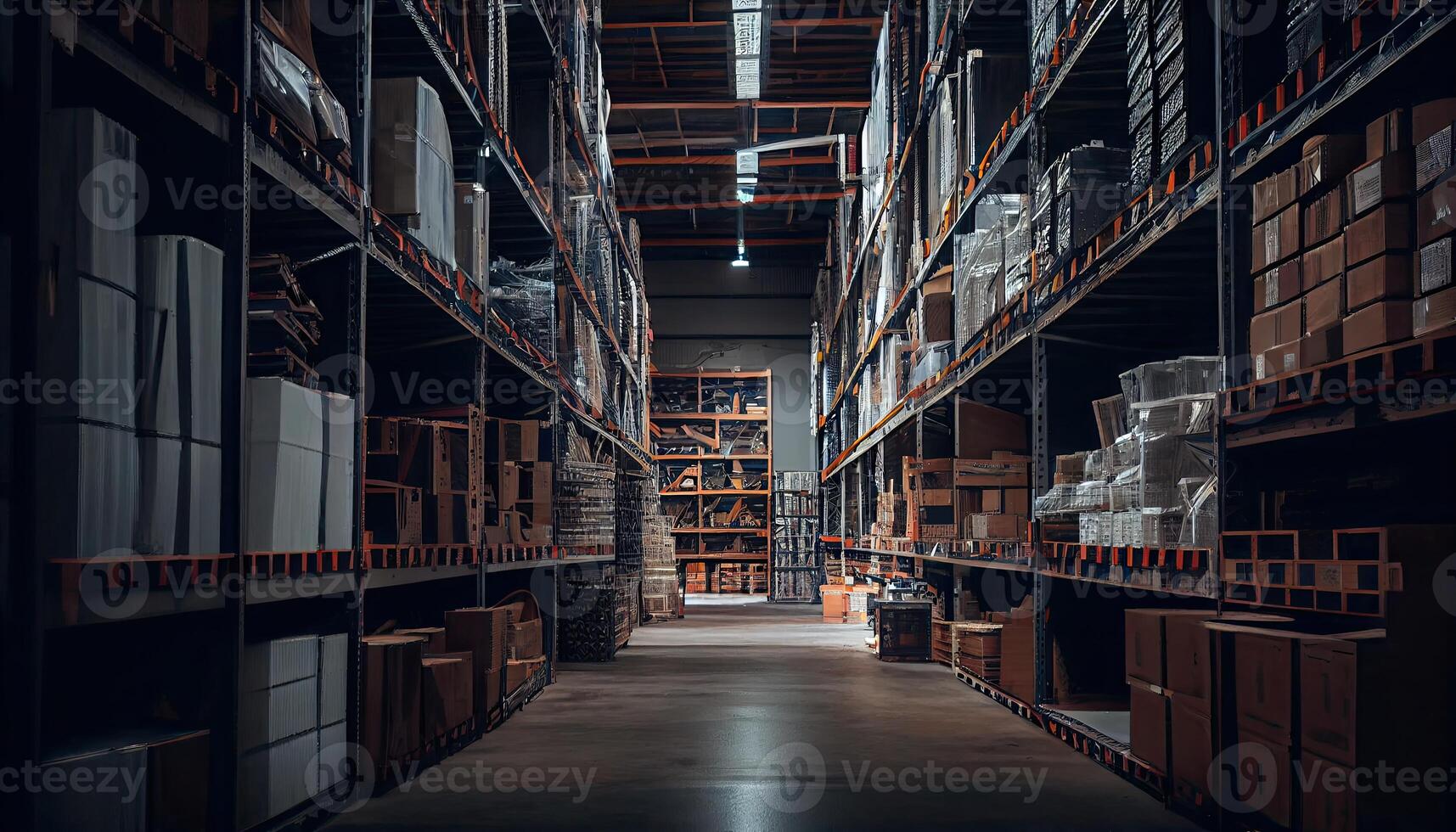 Large industrial warehouse with shelves full of goods photo