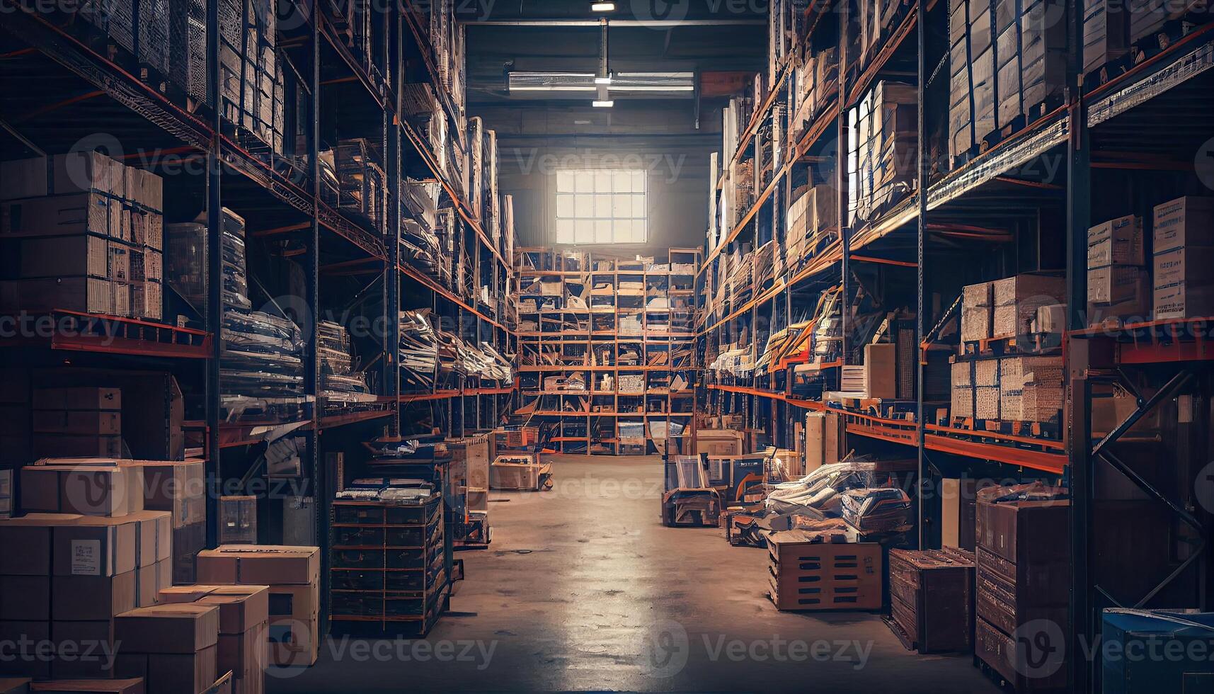Large industrial warehouse with shelves full of goods photo