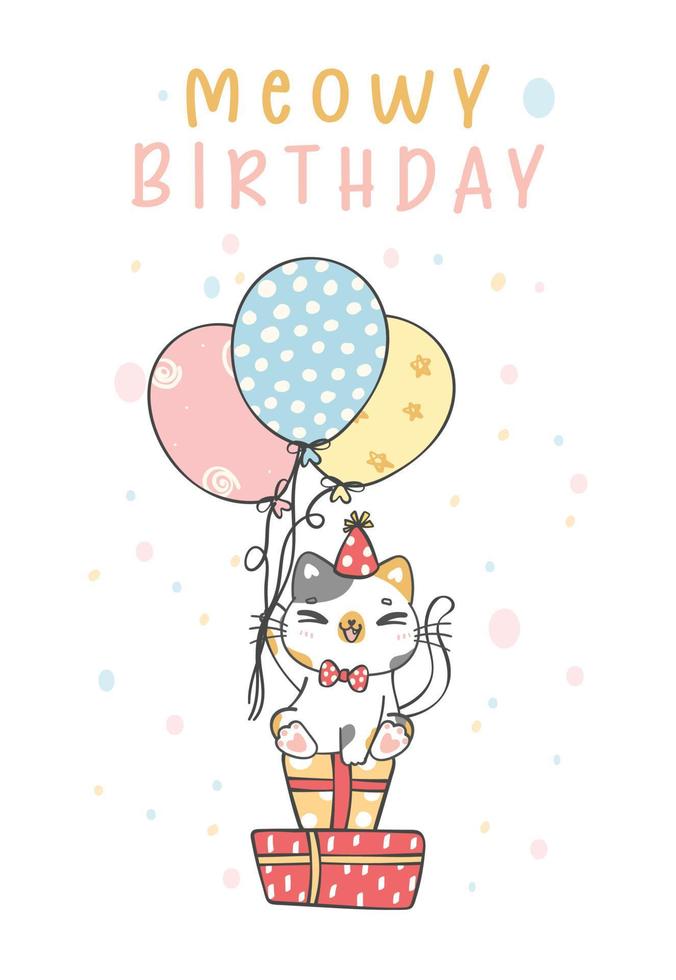 linda contento sonrisa calicó gatito gato celebrando cumpleaños fiesta, miau cumpleaños alegre mascota animal dibujos animados garabatear personaje dibujo vector