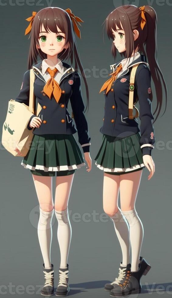 3D cartoon of cute Japanese women wearing school clothes fullbody,cartoon cute and innocent japanese school girl, photo