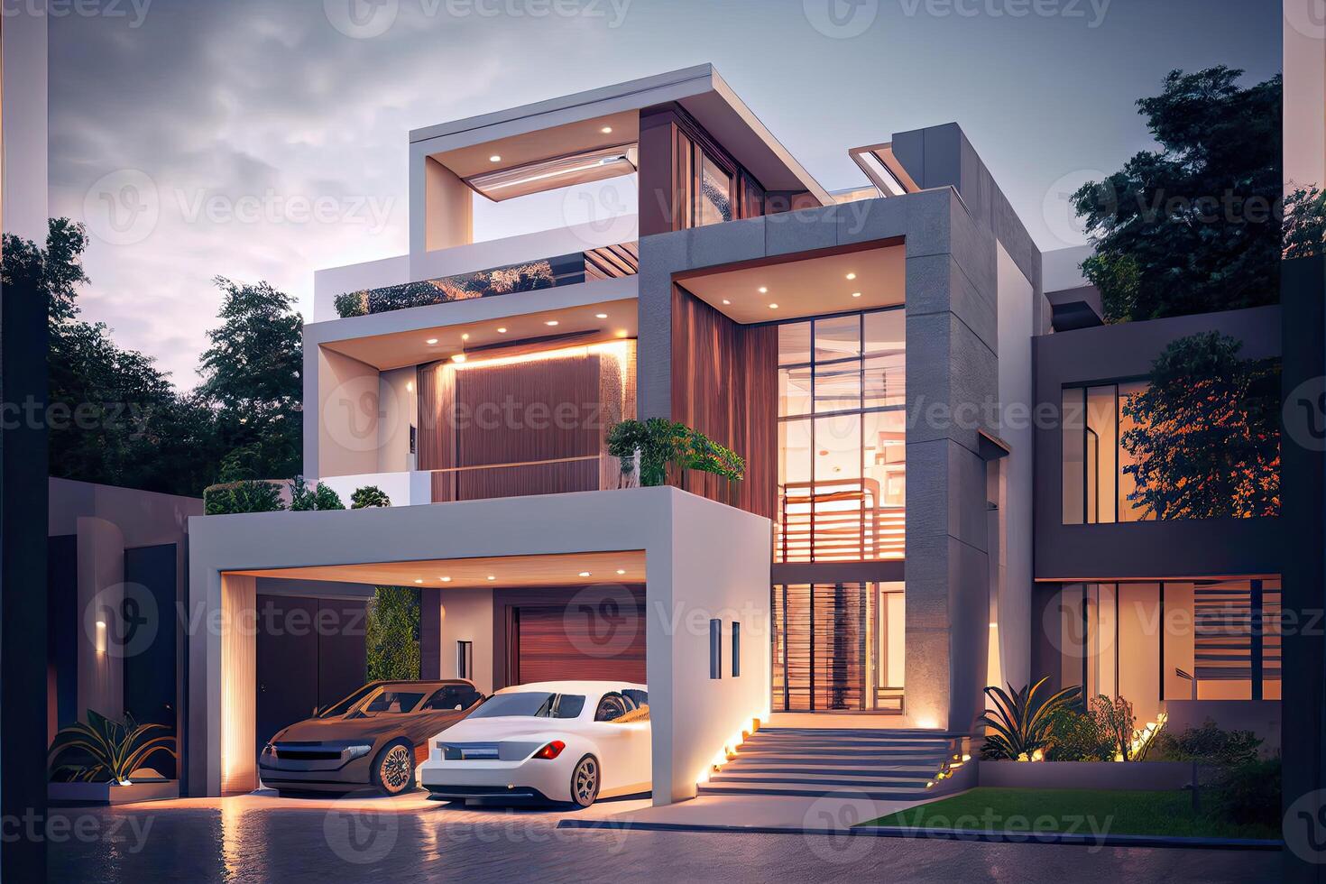 Evening view of a luxurious modern house photo