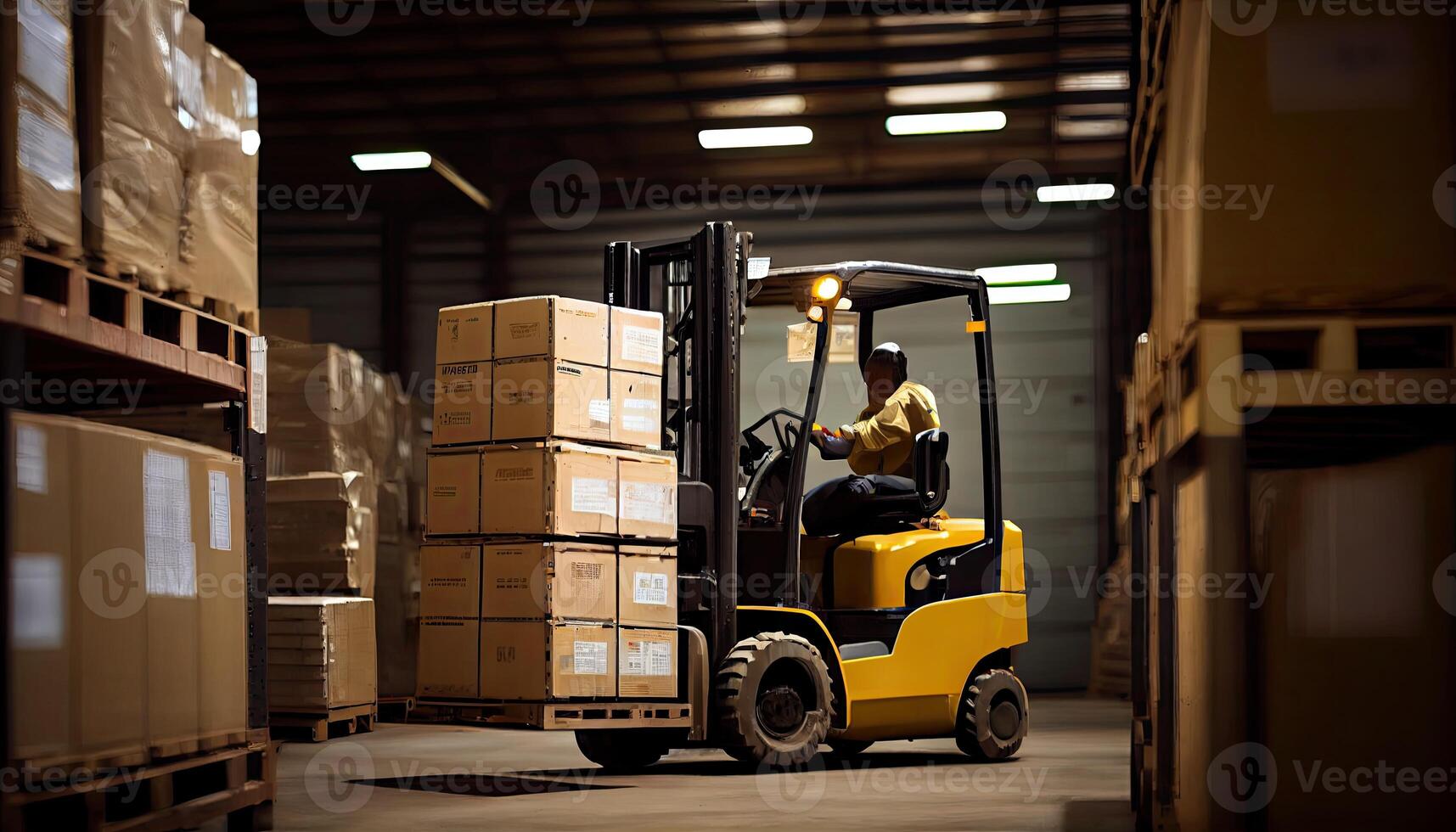 Forklift loads pallets and boxes in warehouse photo