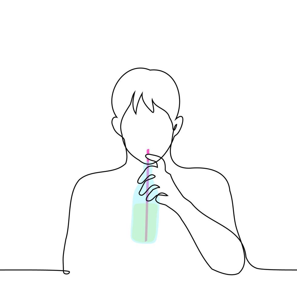 man drinking from a bottle through a straw - one line drawing vector