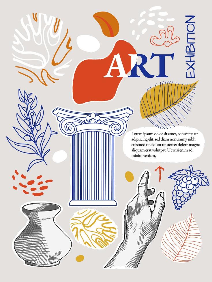 Art posters for the exhibition,  magazine or cover, vector template with sculpture art, Antique statues, pillar, amphora, column, modern ancient Greek or Roman style. Nostalgia banner