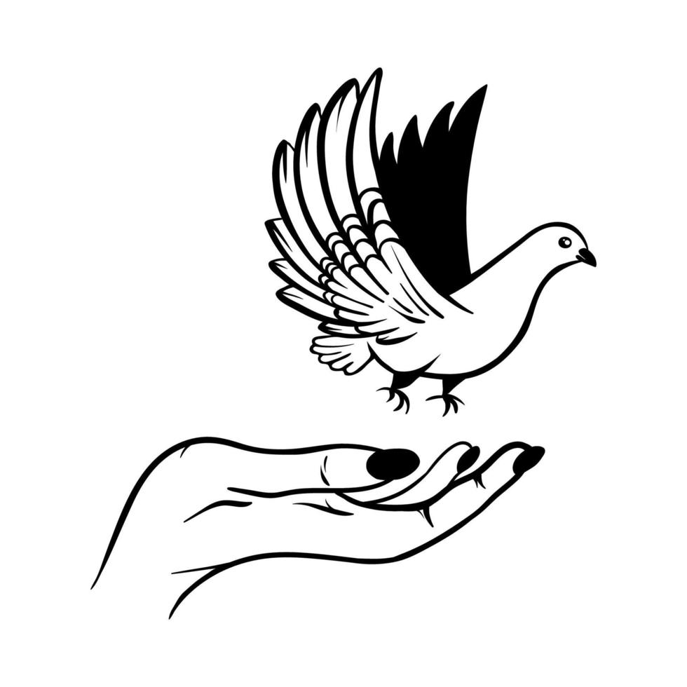 The pigeon flies out of the hands. Vector doodle arms illustration. Reconciliation on the little things. Concept of friendship and trust.