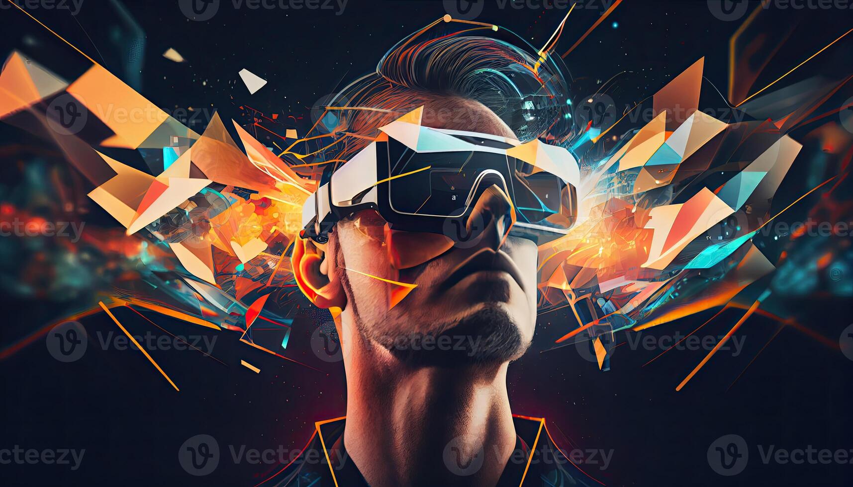 ai metaverso concepto collage diseño con vistiendo vr auriculares con inteligente lentes futurista tecnología generado ai foto