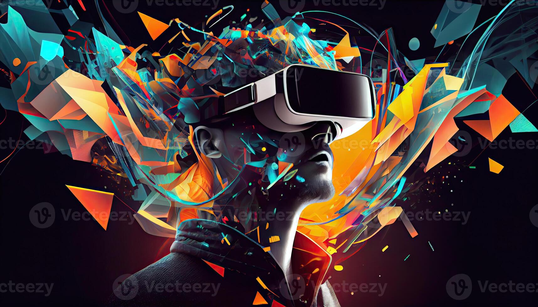 AI Metaverse concept collage design with wearing VR headset with smart glasses futuristic technology photo