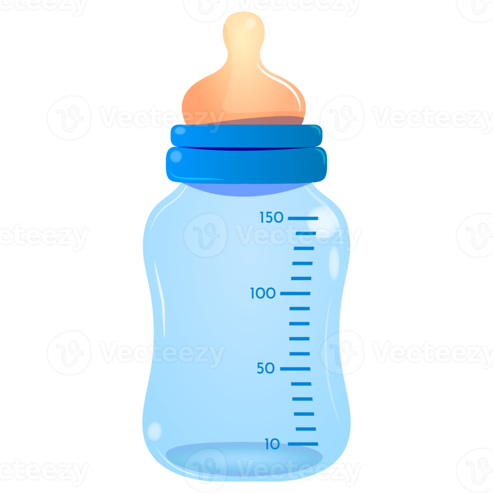 Cartoon blue baby feeding bottle illustration of newborn baby plastic milk bottle with silicone nipple. Illustration for print, web, mobile and infographics. Baby shower, gender reveal element png