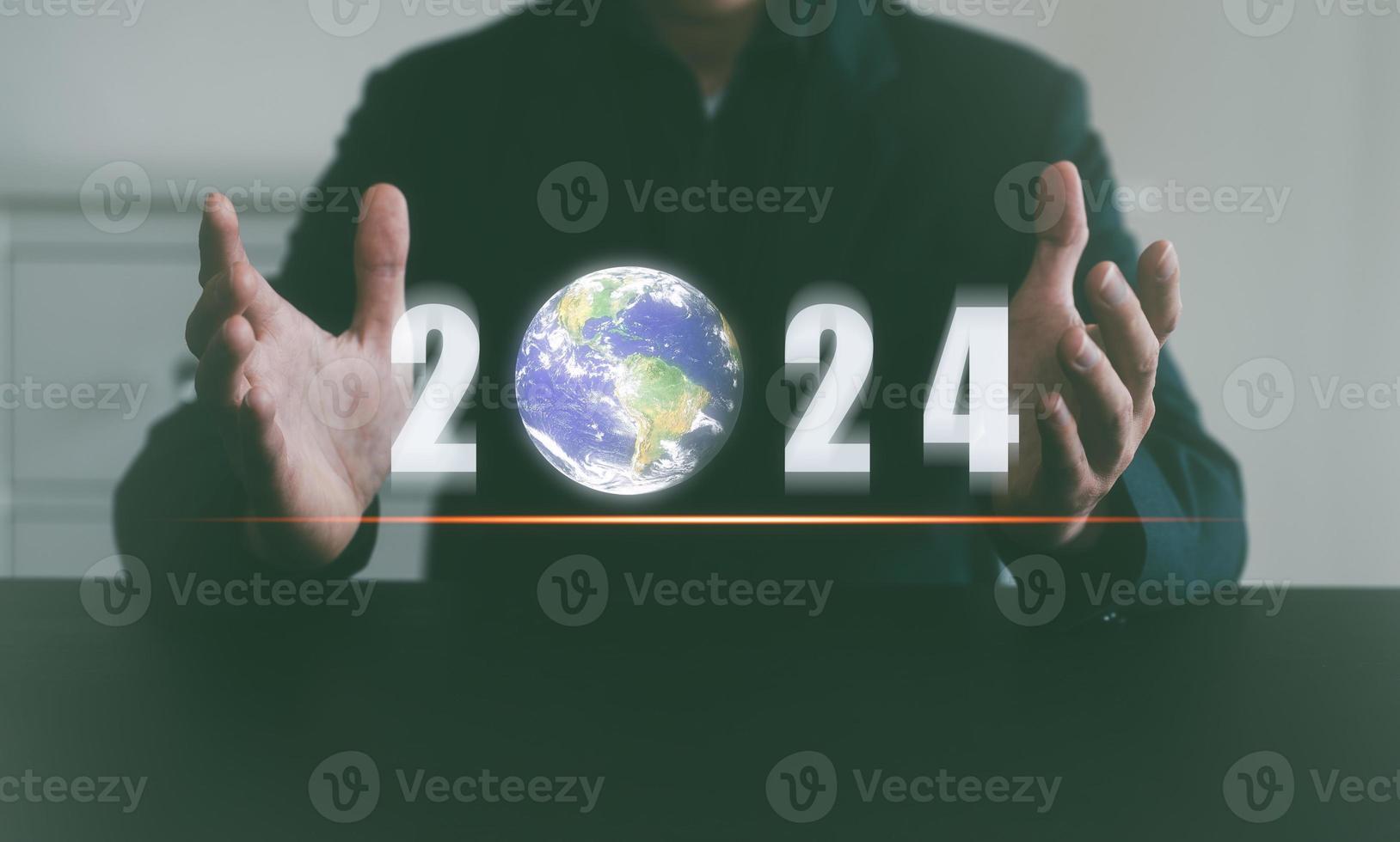 earth day new year 2024 saving the planet earth concept, man holding number and glob, green environment, elements of this image furnished by NASA photo