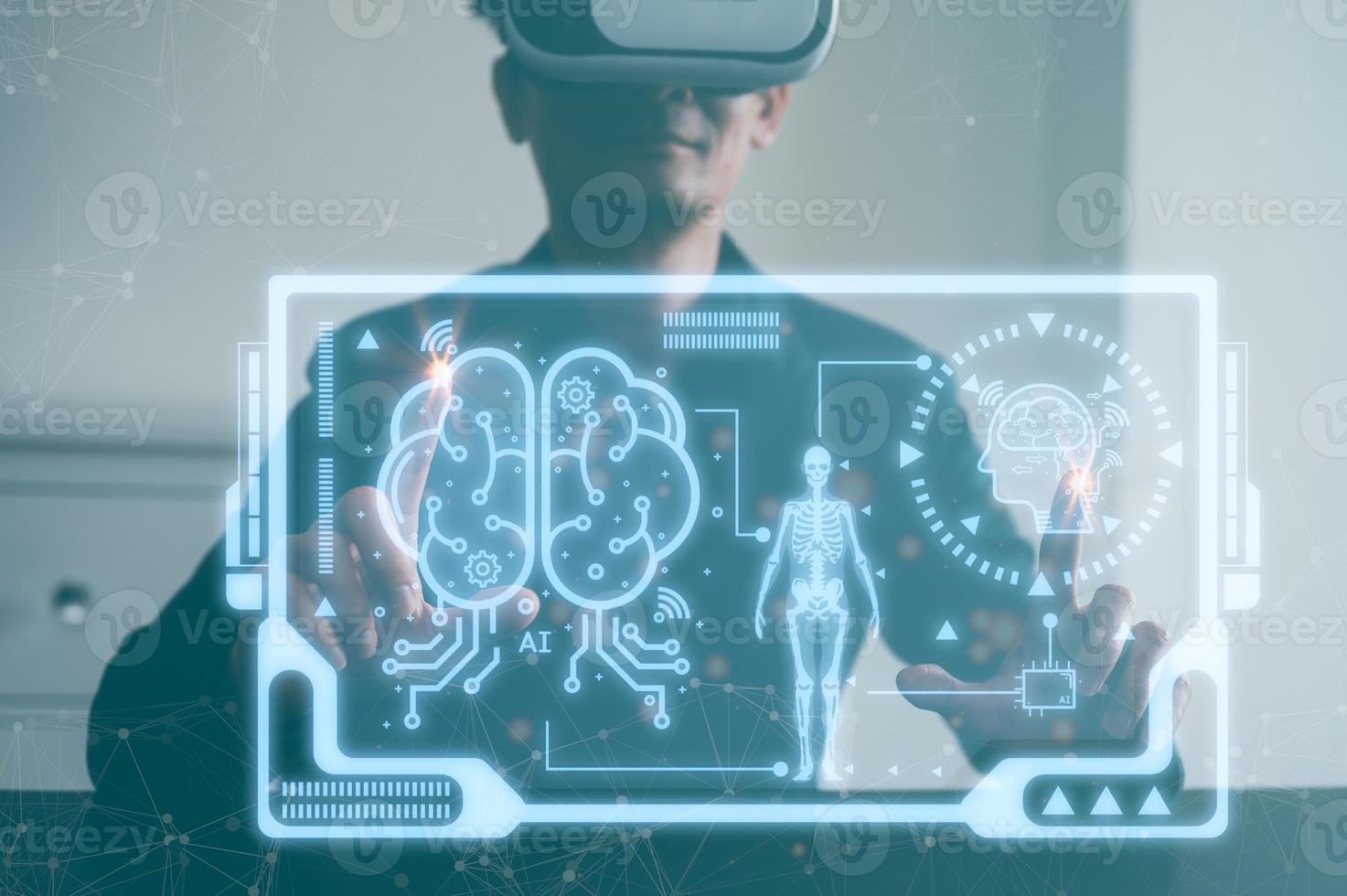 man wearing VR glasses working with virtual icon brain ai icons, AI technology medical health tech. photo