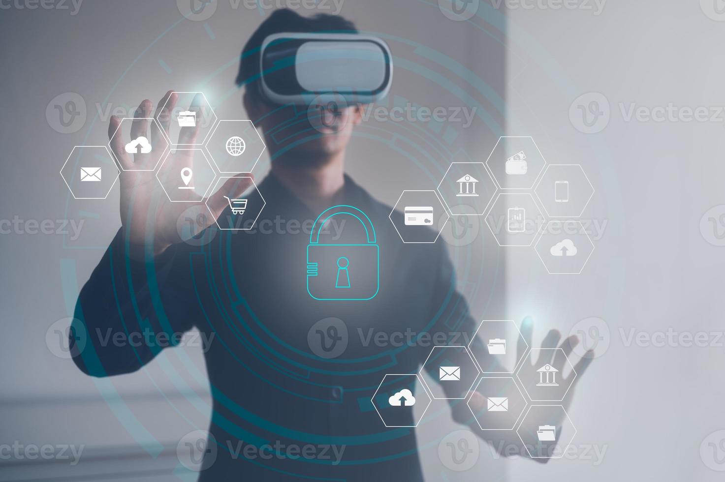 digital technology internet connection, man wearing VR glasses working with virtual Global Internet connection metaverse, Document Management System, online documentation database icons photo