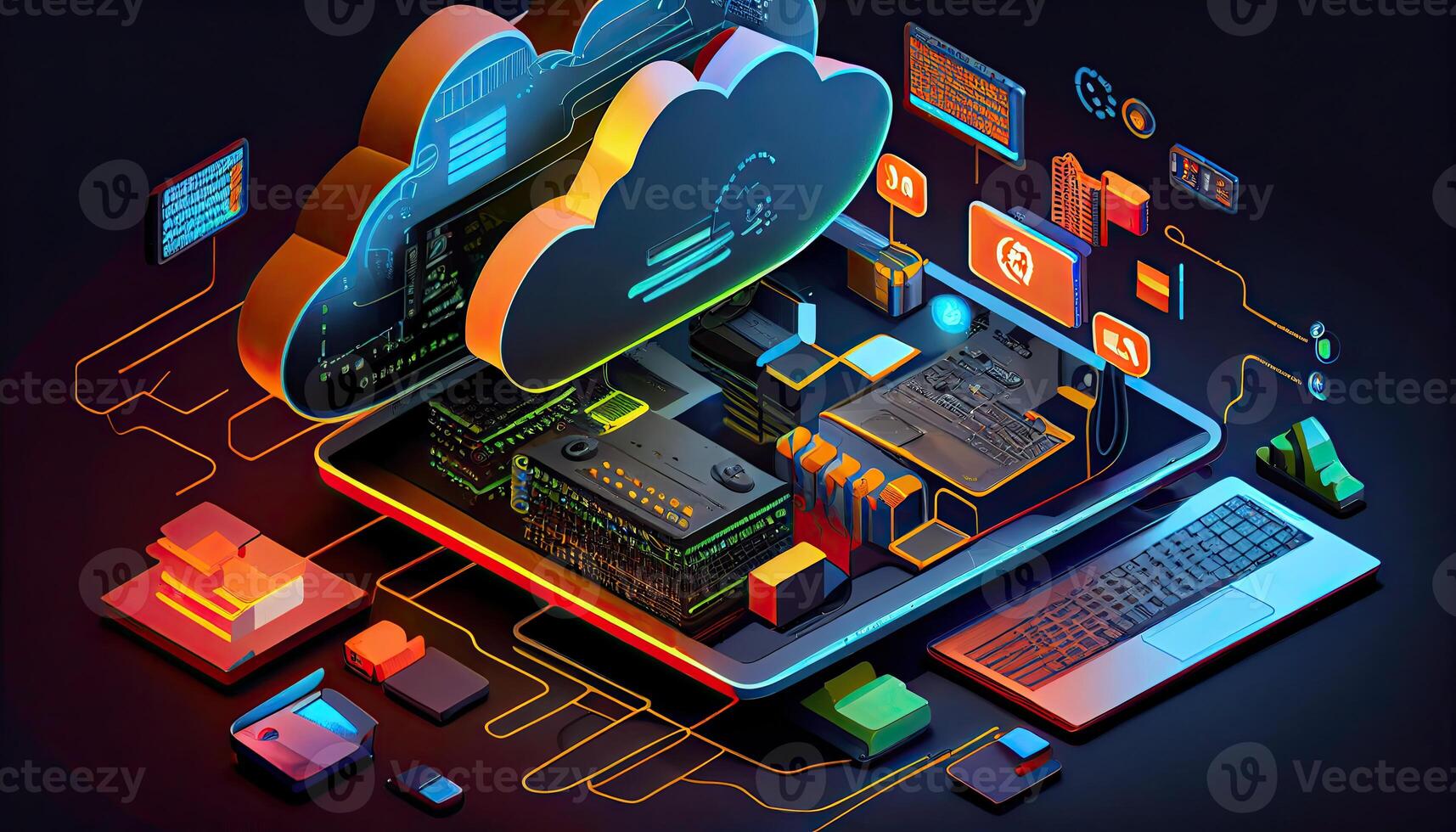 Cloud technology computing Devices connected to digital storage in the data center via the Internet IOT Smart Home Communication laptop tablet phone devices Businessman using Technology photo