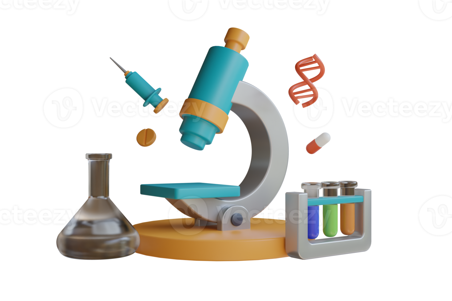 3D Illustration of DNA surrounds microscopy and laboratory equipment. microscope surrounded with assorted vials with liquids and pills in pharmaceutical lab png