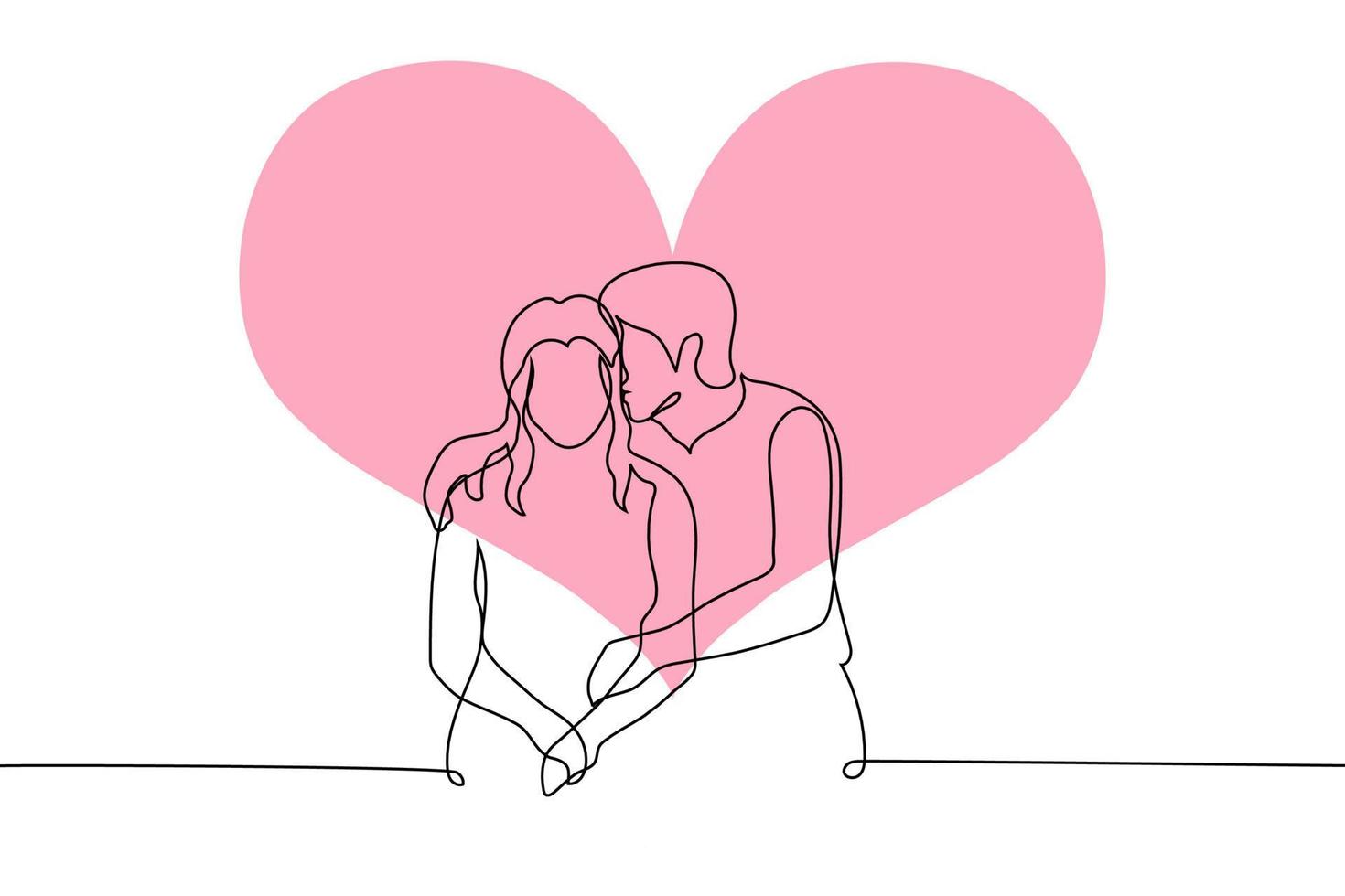 hombre besos un mujer en el cabeza mientras sentado siguiente a su y abrazando su en el antecedentes de un grande rojo rosado corazón - uno línea dibujo vector. fecha concepto, San Valentín día vector
