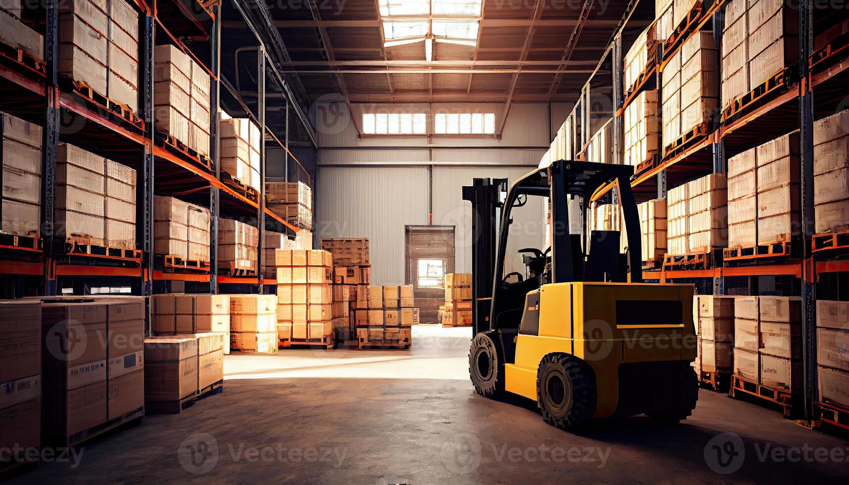 Forklift loads pallets and boxes in warehouse photo