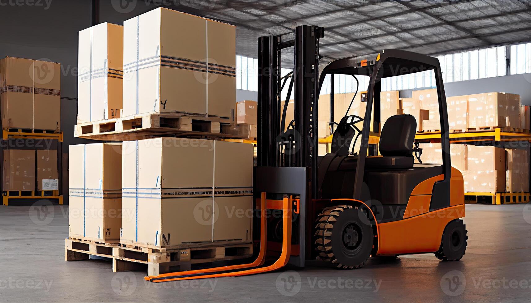 Forklift loads pallets and boxes in warehouse photo