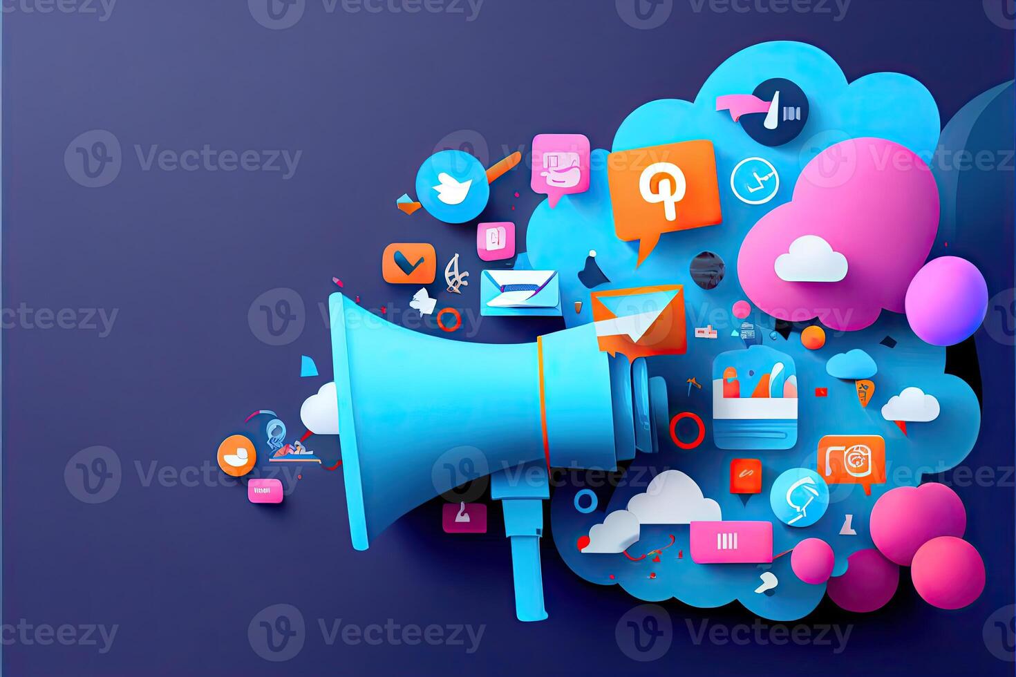 web site article image, material design, dark blue gradient background, megaphone in the left side of image, social networks icon photo