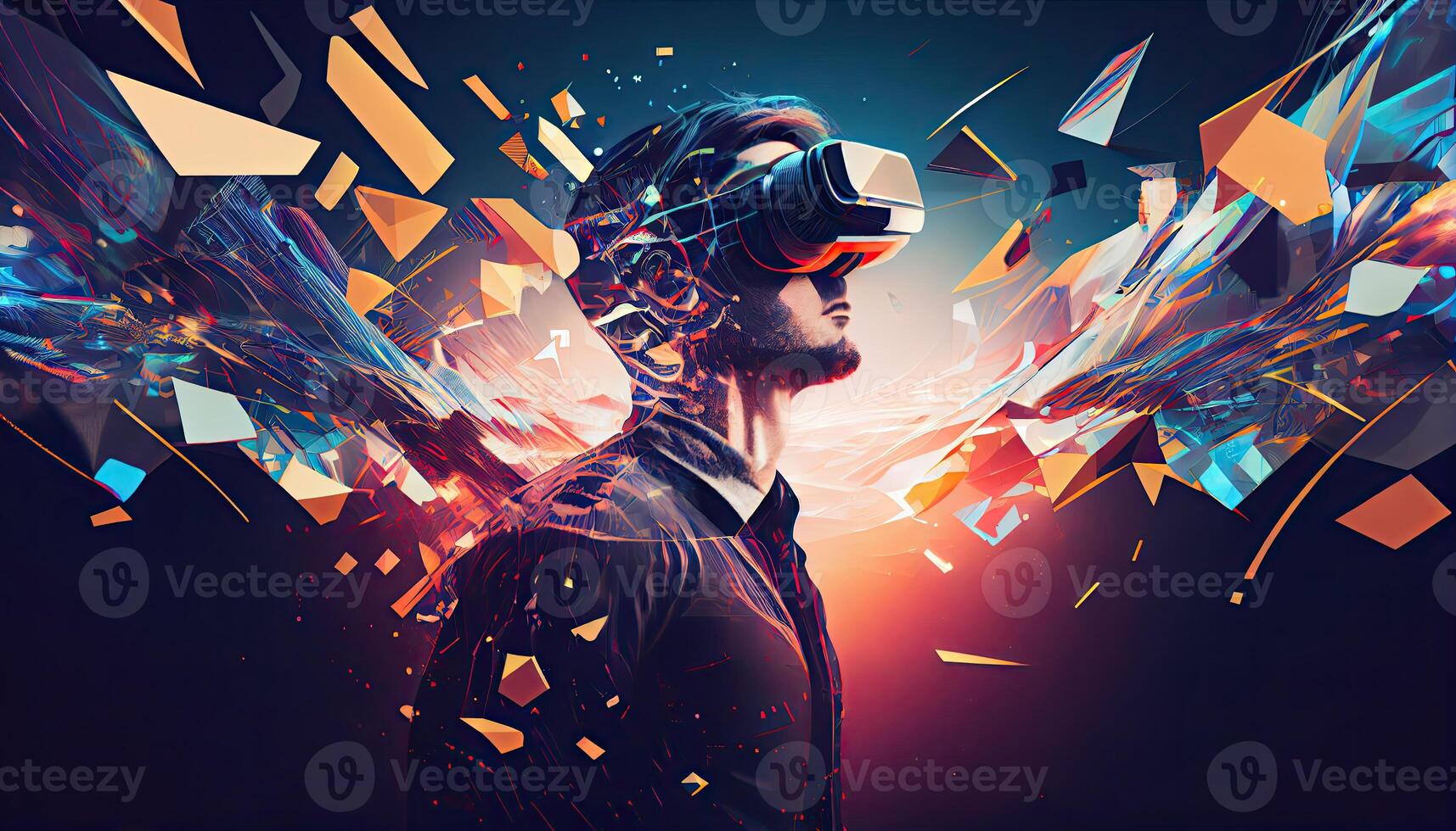 AI Metaverse concept collage design with wearing VR headset with smart