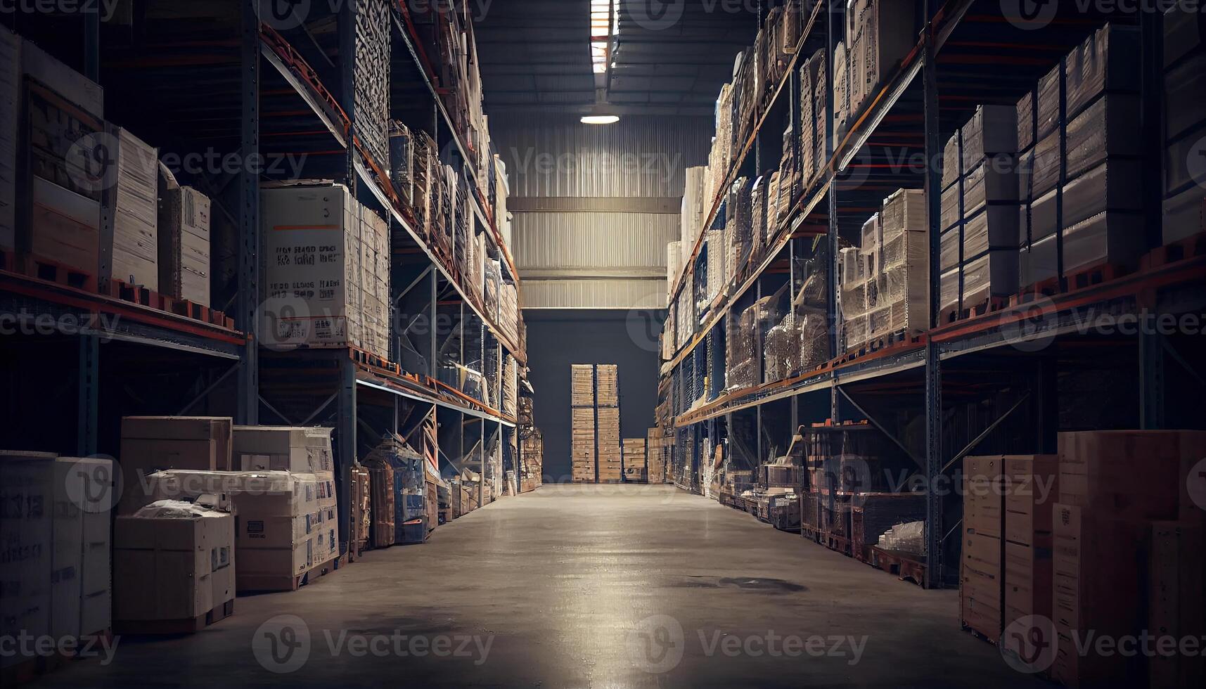 Large industrial warehouse with shelves full of goods photo
