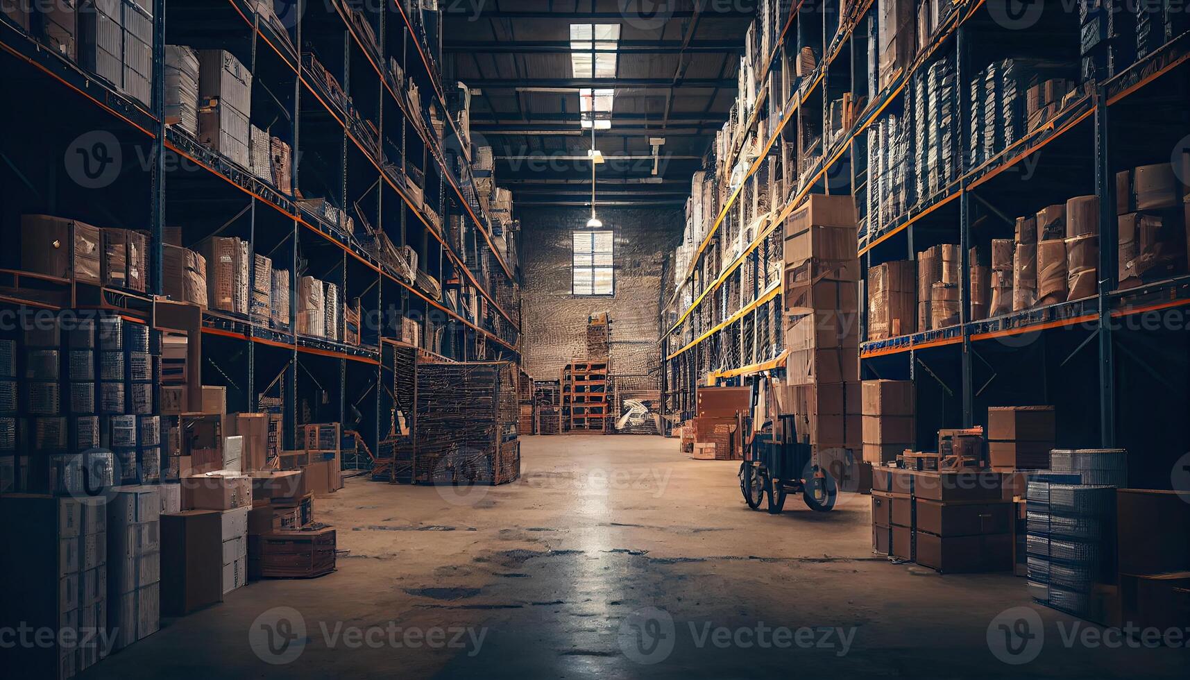 Large industrial warehouse with shelves full of goods photo