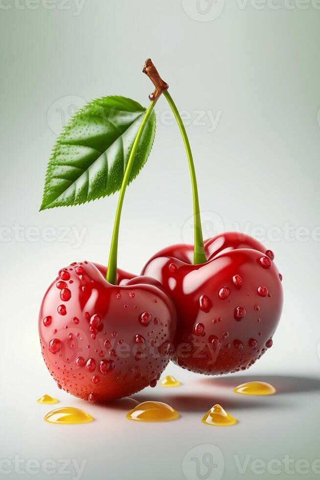 Close-up two fresh juicy cherries with water drops. photo