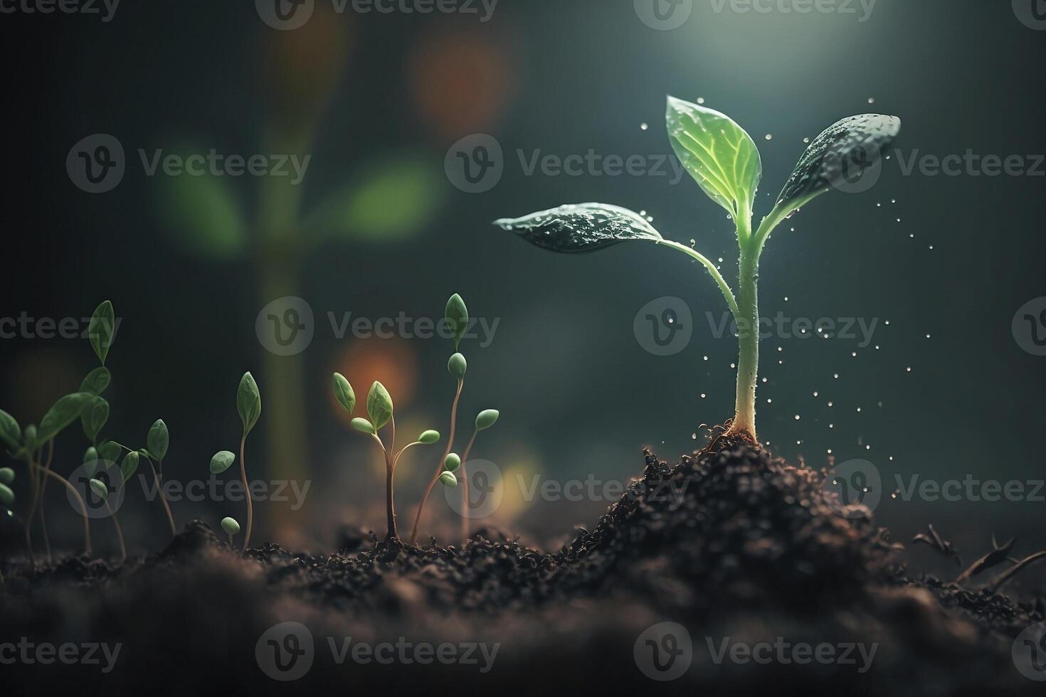 A scene of farming and plant growth is set against a green, blurry backdrop. photo