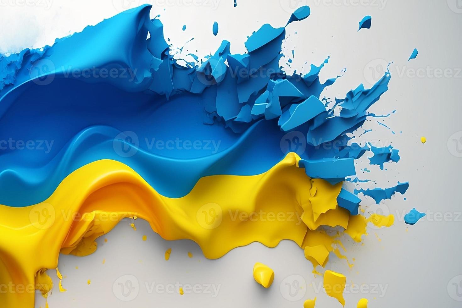 Artwork of the Ukrainian blue and yellow flag with liquid and dry paints. The art style is isolated on a white background. Generation AI. photo