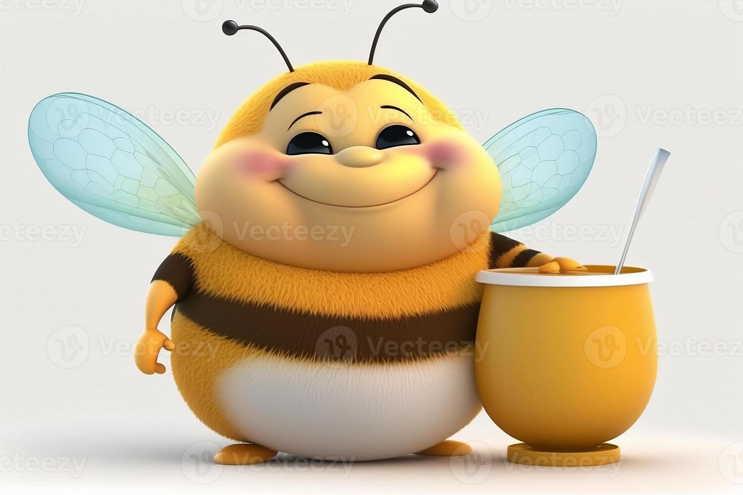 Cute happy fat bee with a pot of honey isolated on white background. photo