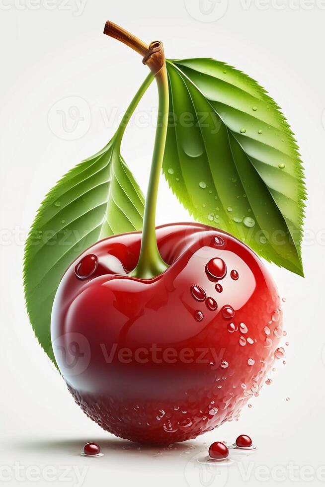Single realistic fresh juicy cherry with water drops isolated on white background. . photo
