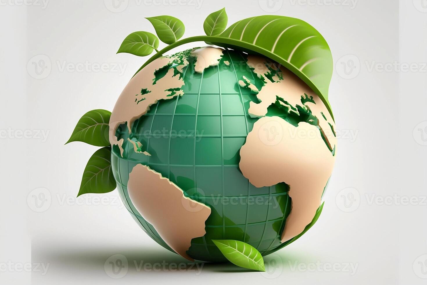 3d globe map with green leaves isolated on white background. World Earth day concept. photo