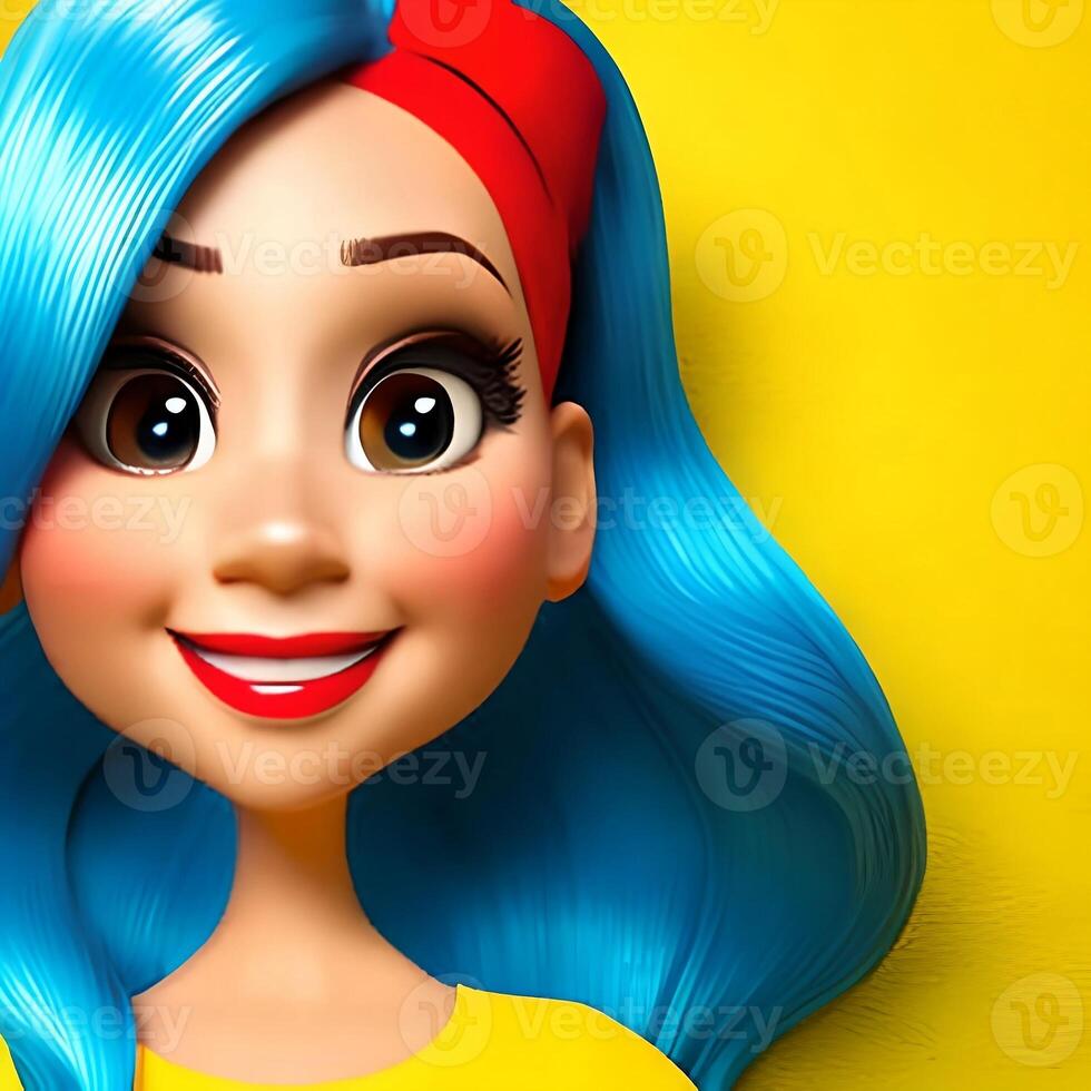 Cartoon smiling girl with big eyes and blue hair. photo