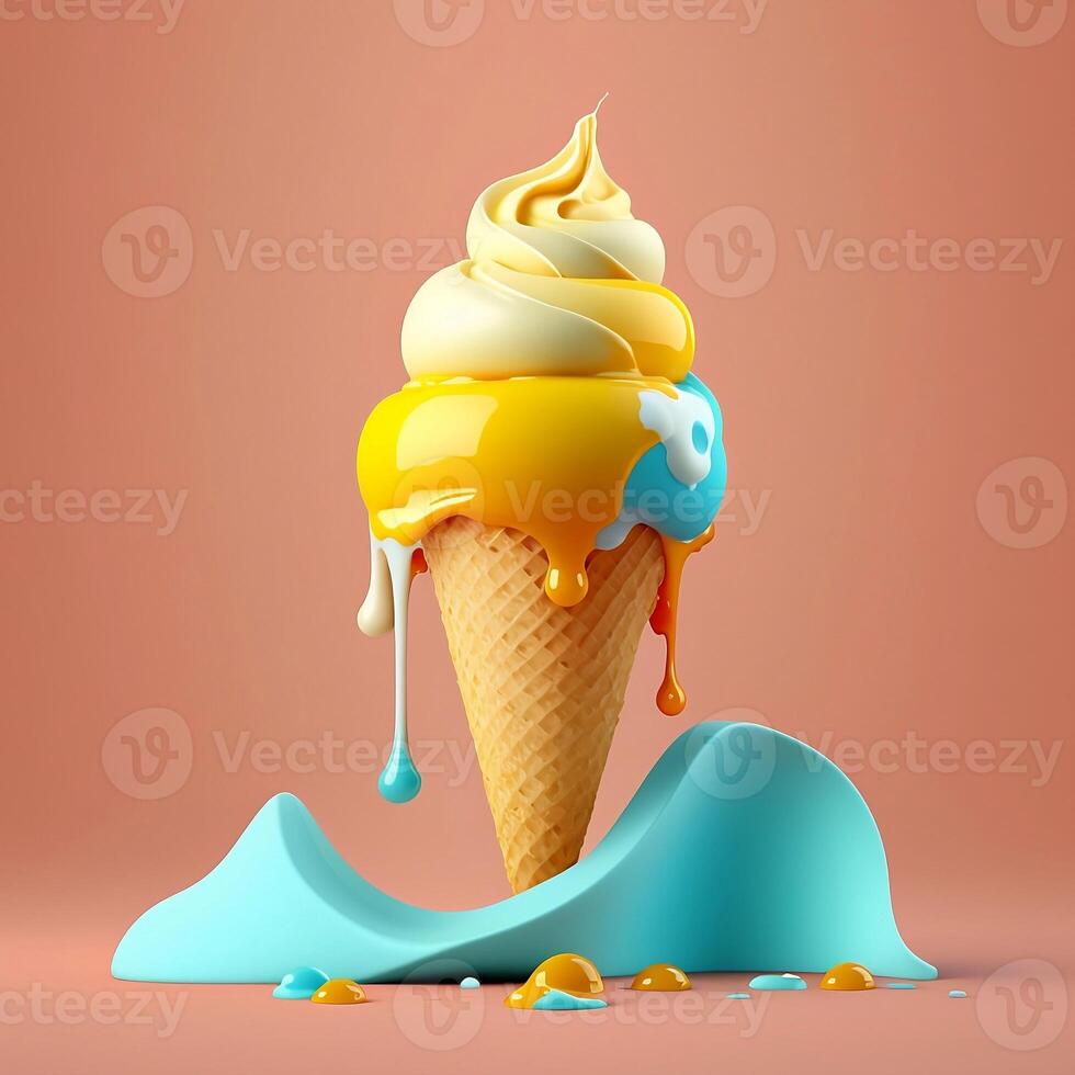 Melting ice cream cone with sweet yellow and blue caramel isolated on a clean background. photo