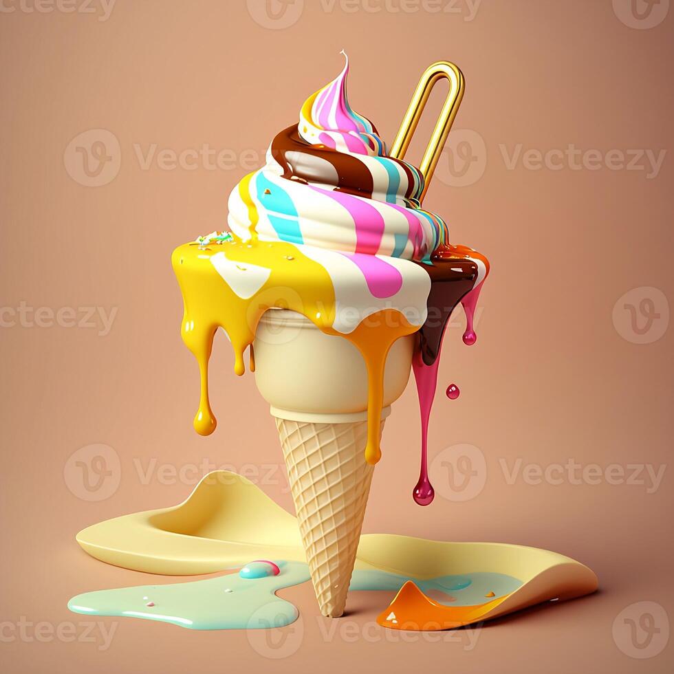 Melting ice cream cone with sweet yellow topping isolated on a clean background. photo